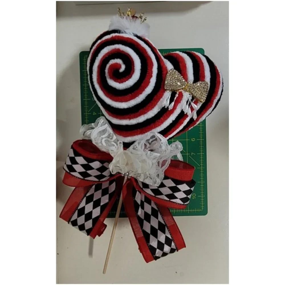 Hearts Decorative Velvety Yarn Red, Black & White Heart w Crown Lollipop & Bow‎